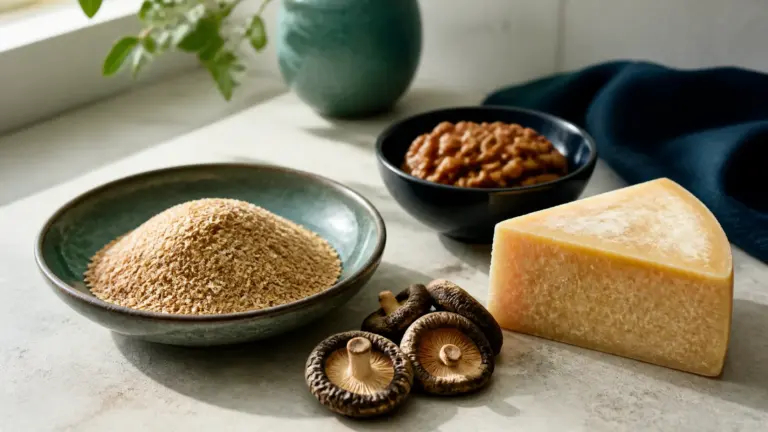 Photoreal editorial still life of a shallow bowl of golden wheat germ beside a wedge of aged cheddar