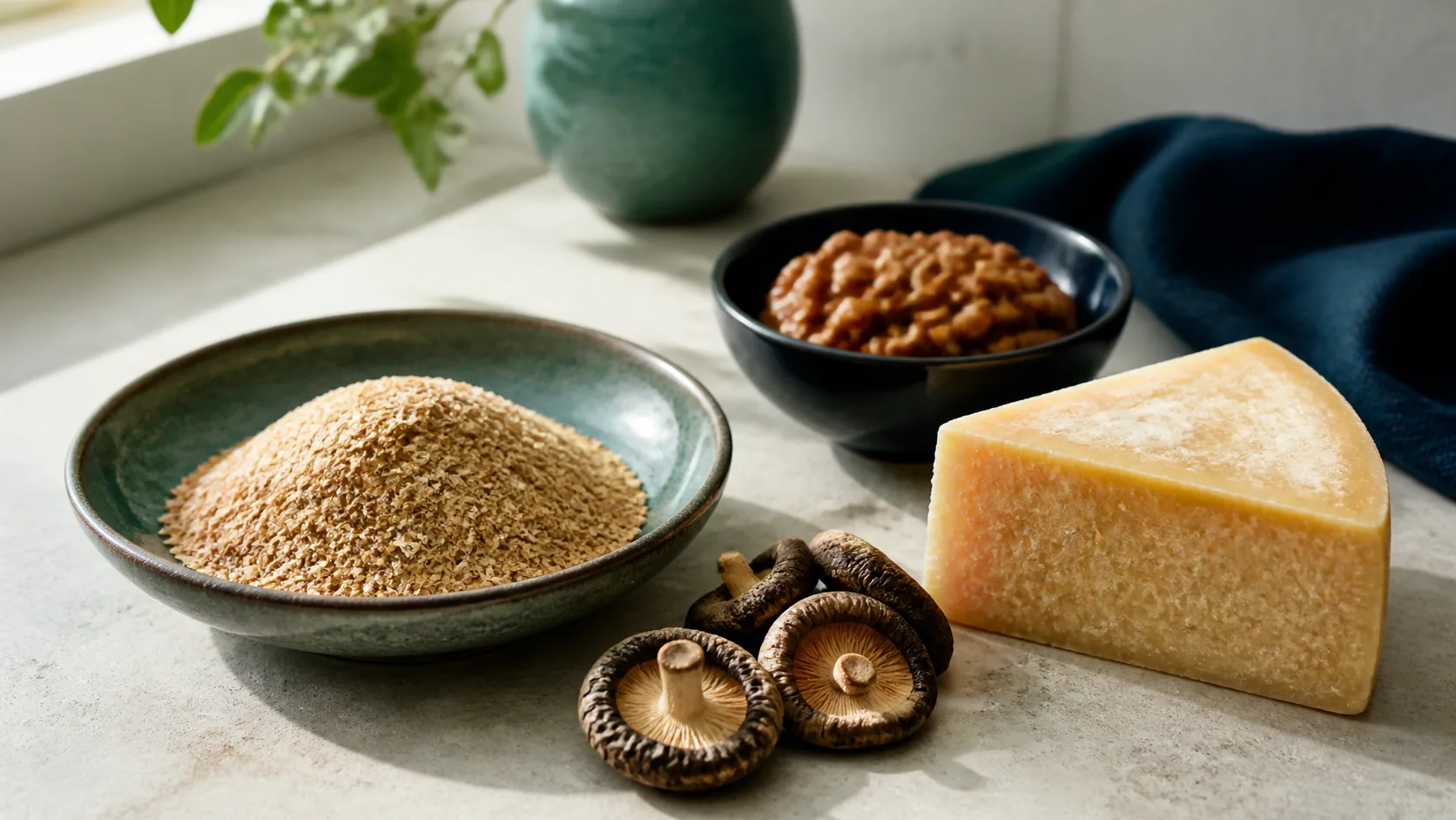 Photoreal editorial still life of a shallow bowl of golden wheat germ beside a wedge of aged cheddar