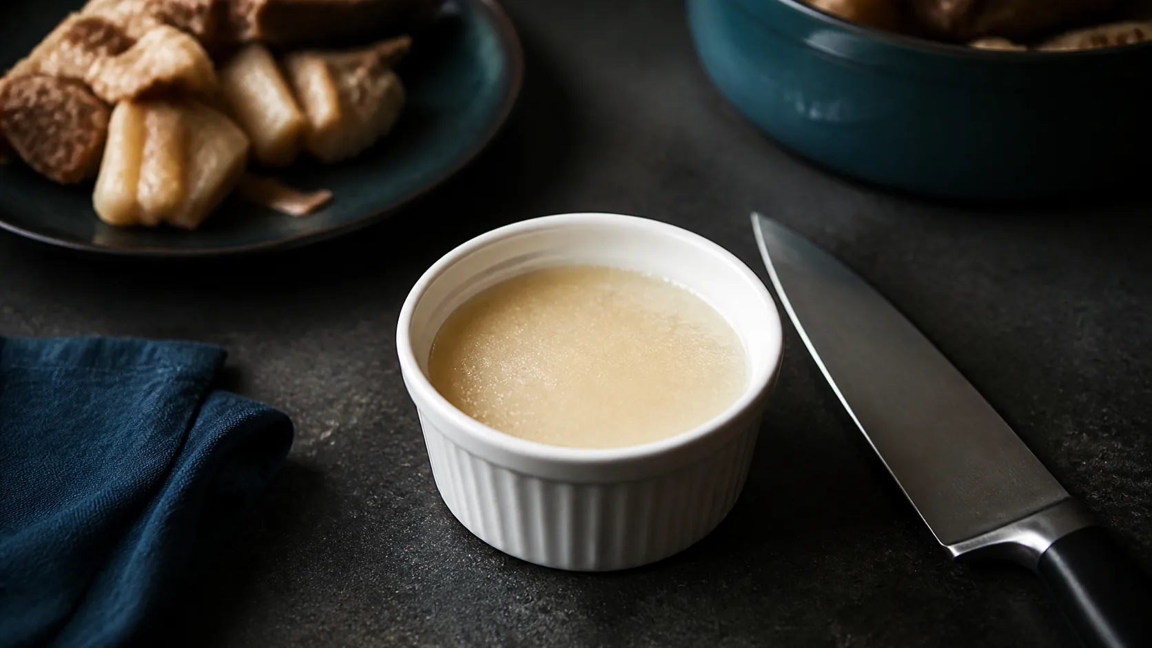 Ceramic ramekin of pale rendered fat cooling on a dark kitchen counter beside a chef's knife, warm low light