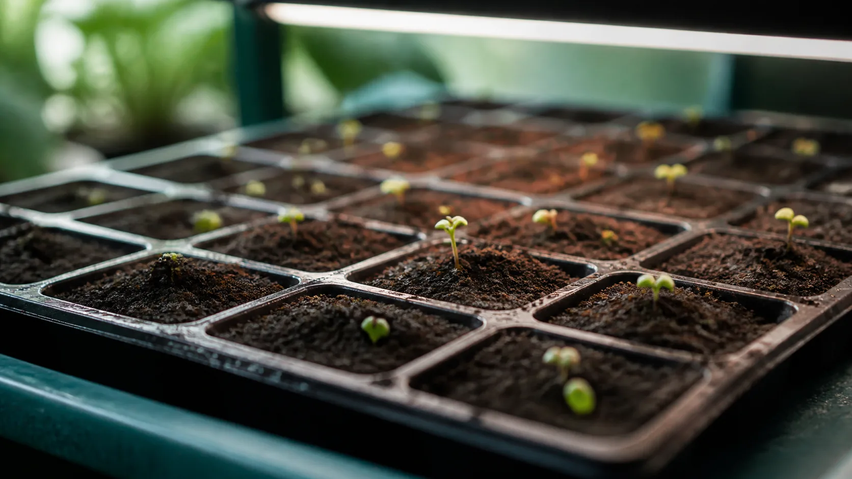 Seed tray of identical unsprouted seedlings under a greenhouse bench light, a few just breaking the soil, damp earth