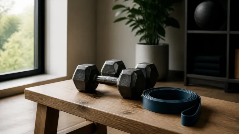 Photoreal editorial still life of two worn steel dumbbells and a coiled resistance band resting on a pale oak bench in a calm