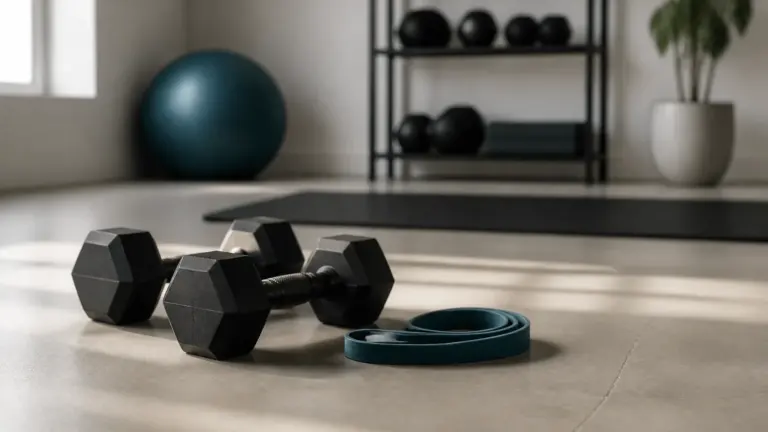 Photoreal editorial hero image of a pair of matte black dumbbells and a coiled resistance band resting on a pale concrete ...