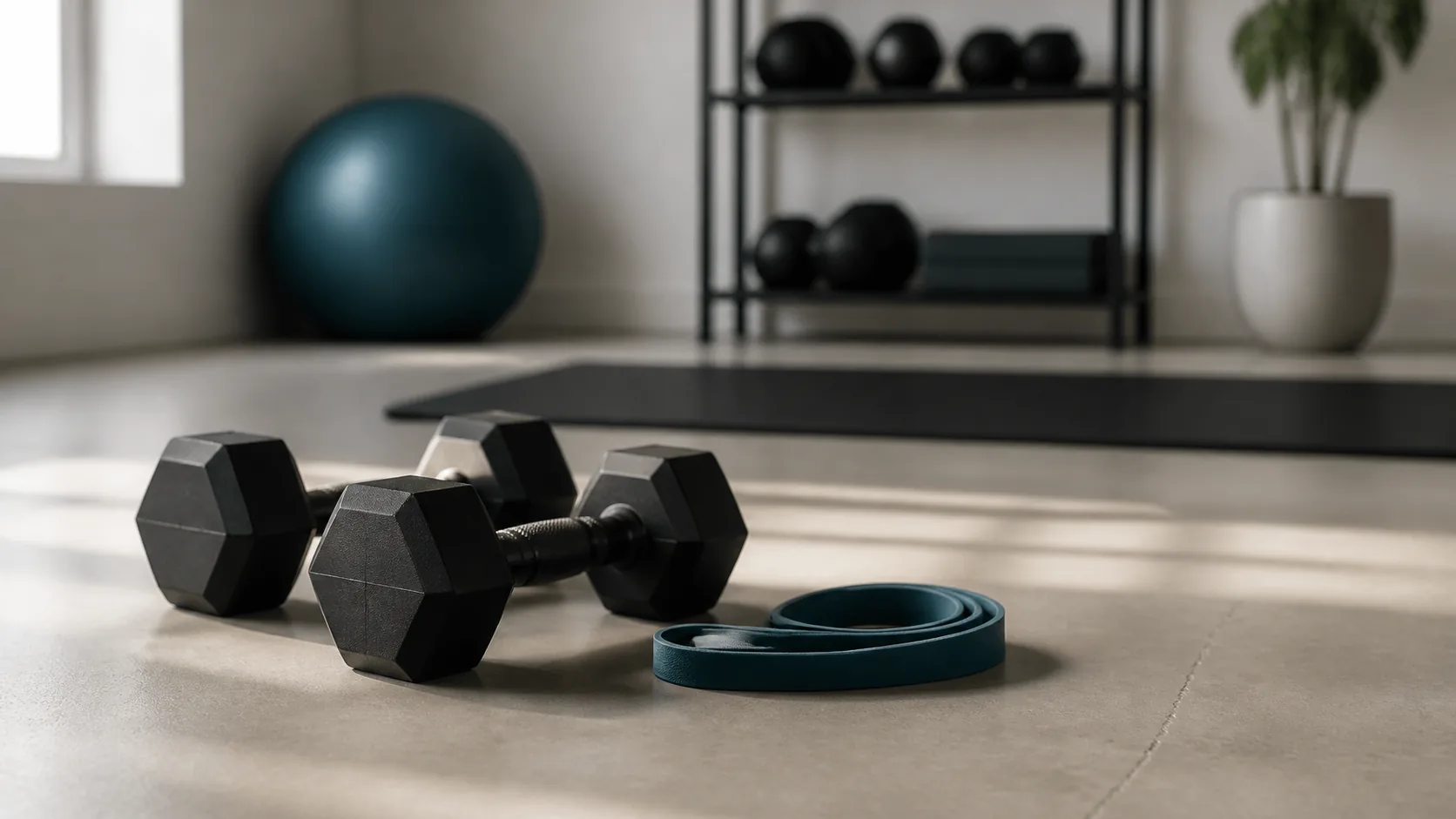 Photoreal editorial hero image of a pair of matte black dumbbells and a coiled resistance band resting on a pale concrete ...