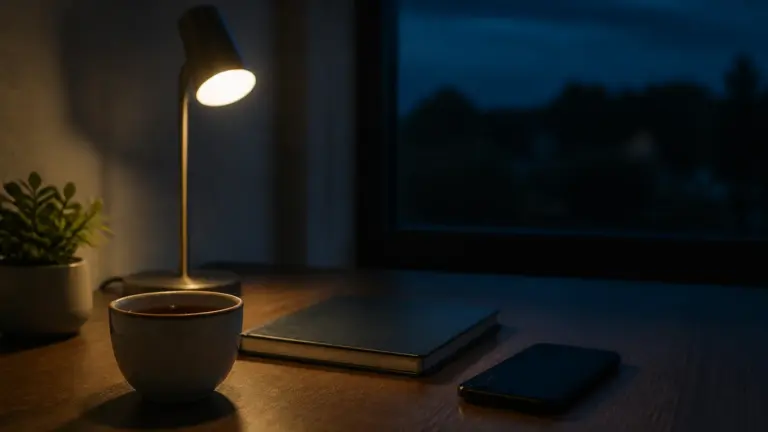 Photoreal editorial still life of a quiet desk late at night — a cooling cup of tea