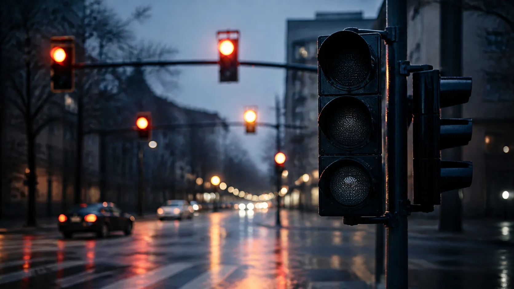City street where one traffic light has gone dark while the others still burn, rain-slicked road at dusk, cool blue and amber