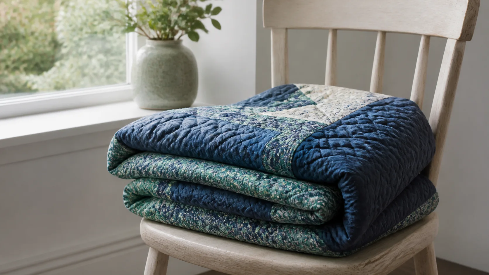 Folded quilted cotton blanket on a pale wooden chair by a window, soft even daylight, tactile padding