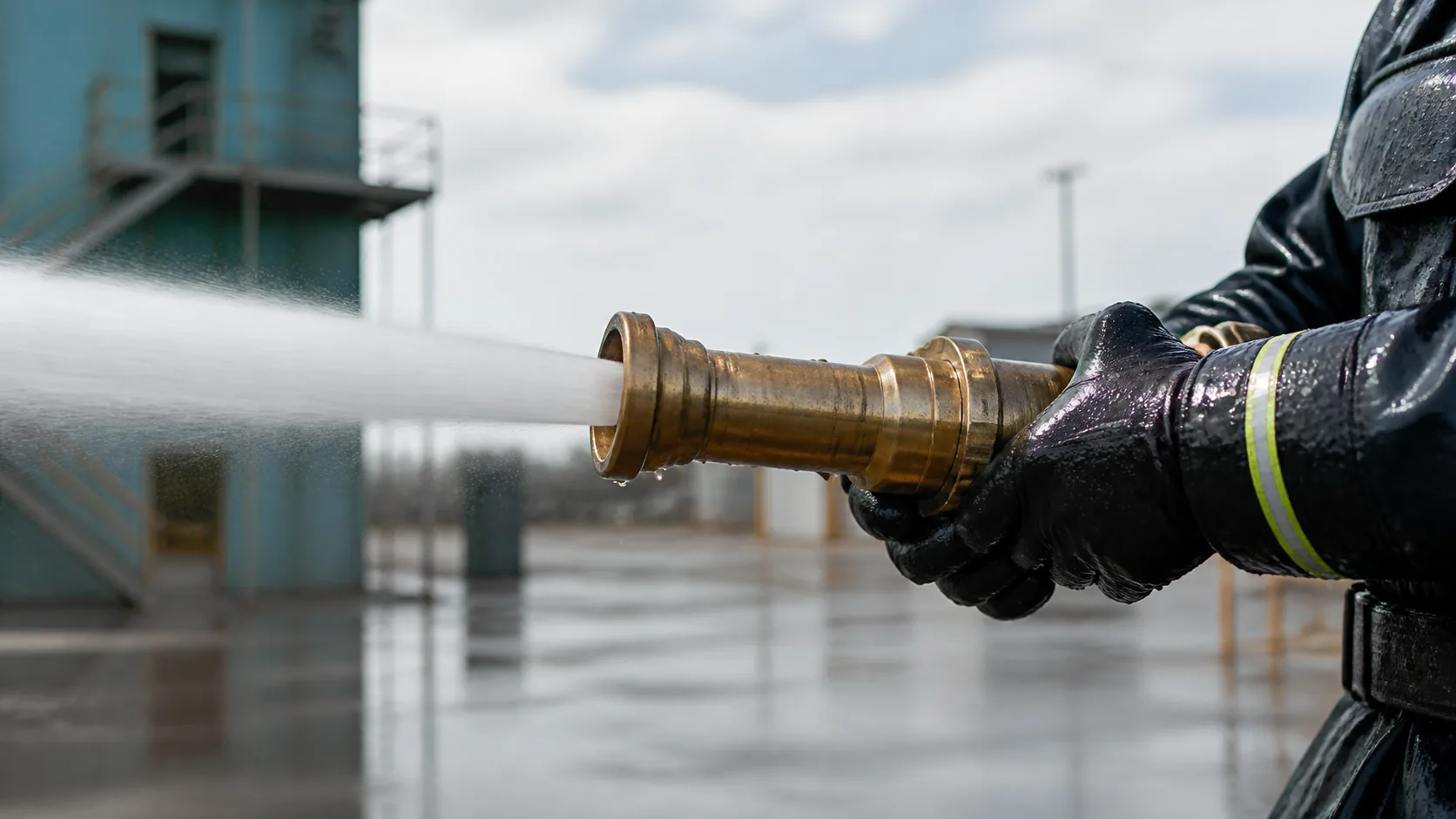 Brass fire hose nozzle at the instant of opening on a wet training yard, a hard jet of water beginning to leave it
