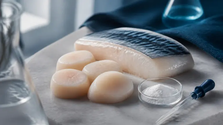 Photoreal editorial still life of fresh raw scallops and a glistening fillet of oily fish arranged on a pale grey stone sl...
