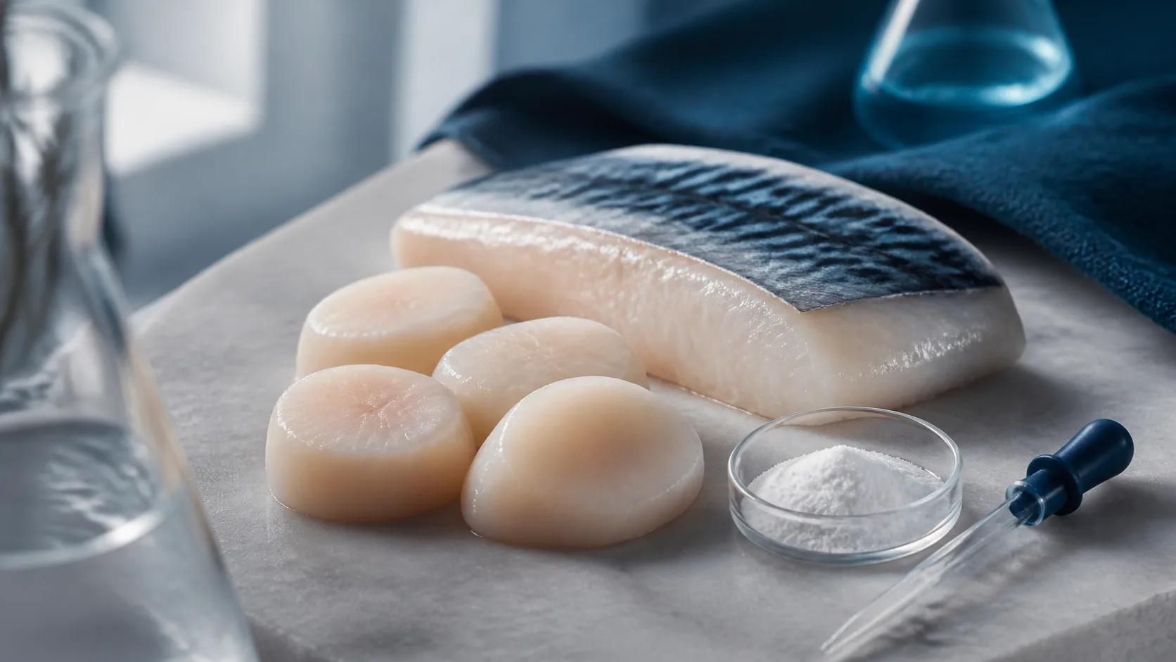 Photoreal editorial still life of fresh raw scallops and a glistening fillet of oily fish arranged on a pale grey stone sl...