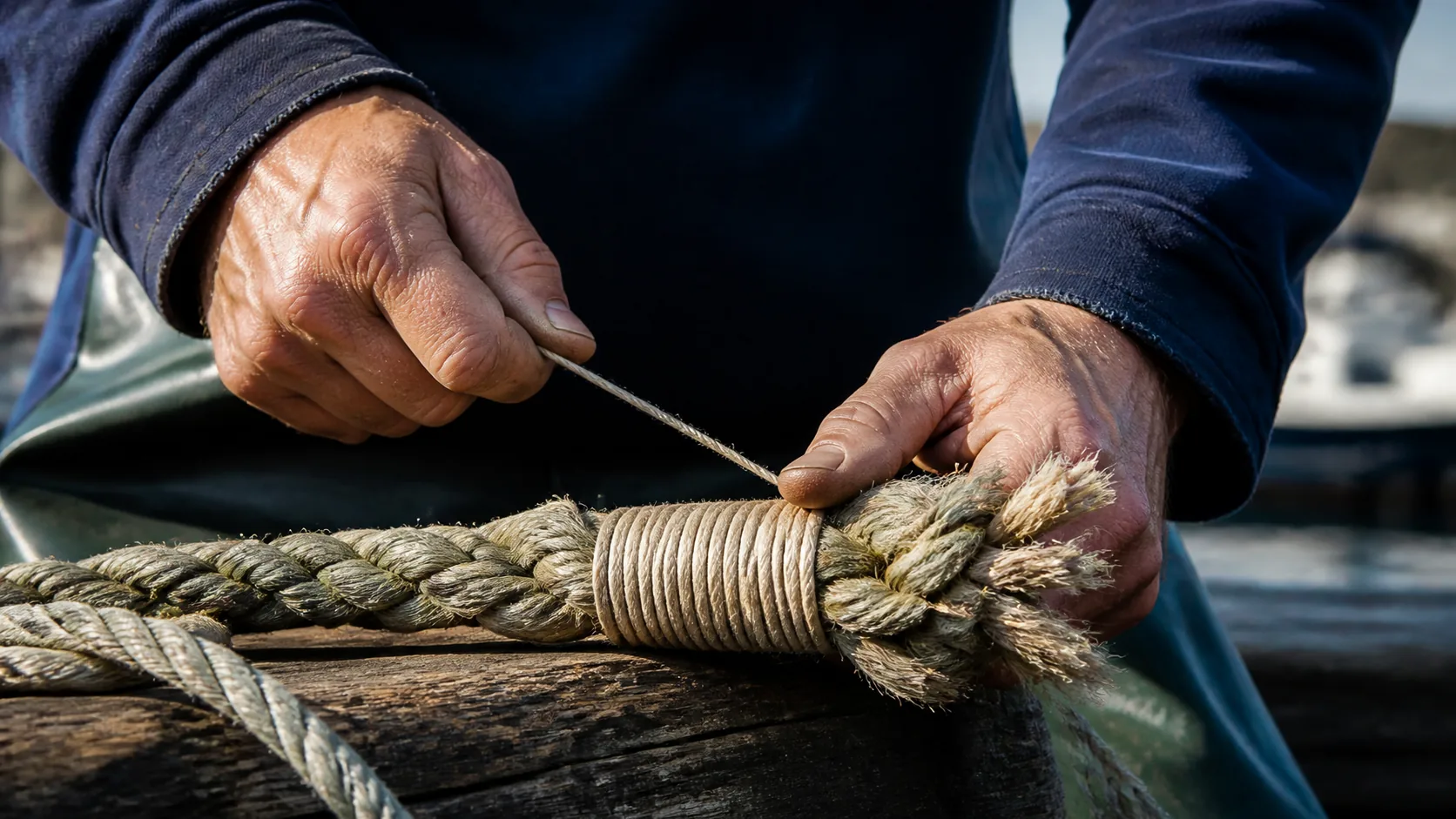 Worker's hands rewrapping the frayed end of a heavy rope with fresh whipping twine on a harbour dock, warm afternoon light