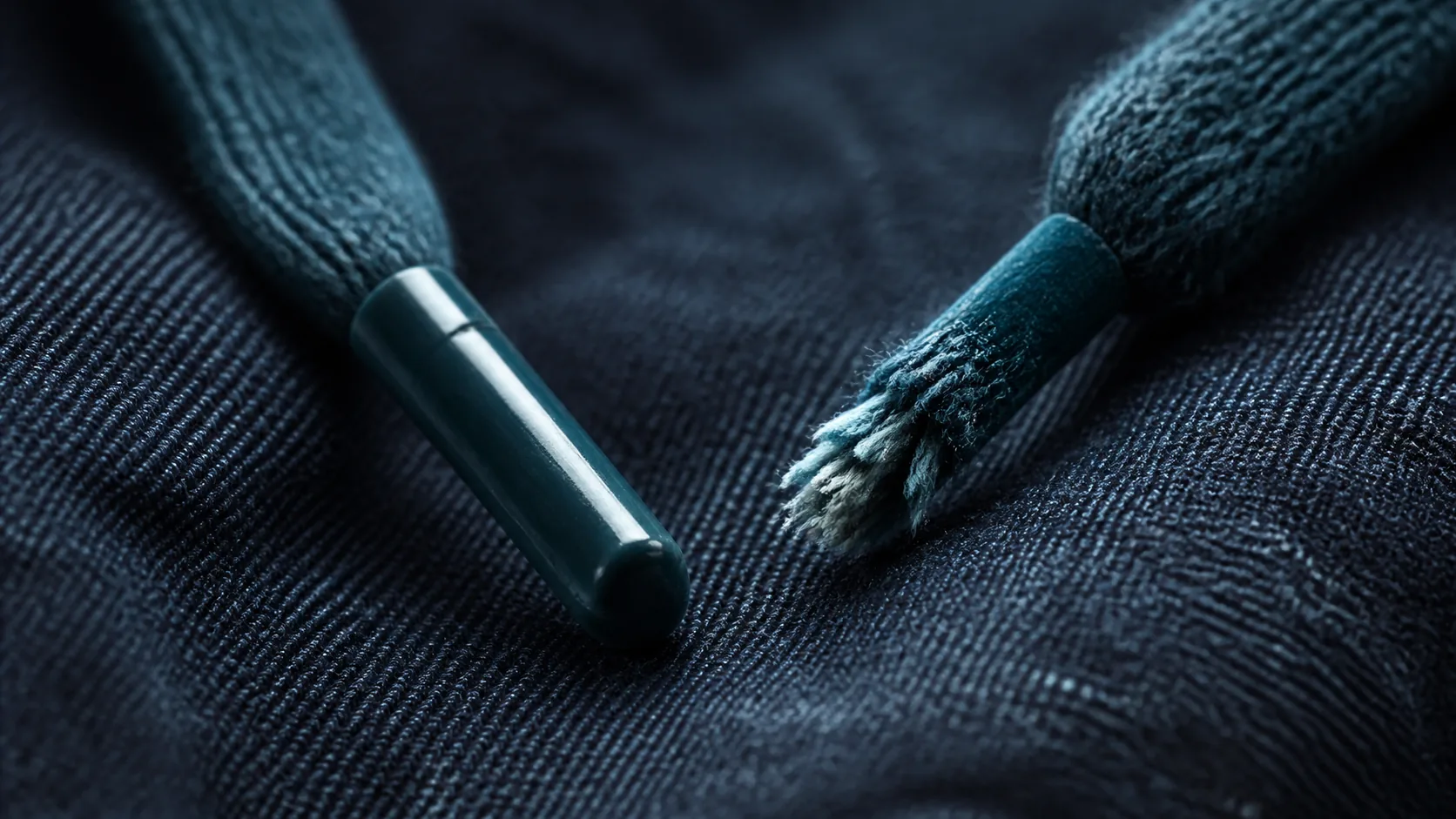 Plastic aglet ends of two shoelaces on dark denim, one intact and one worn back to fraying threads, extreme macro