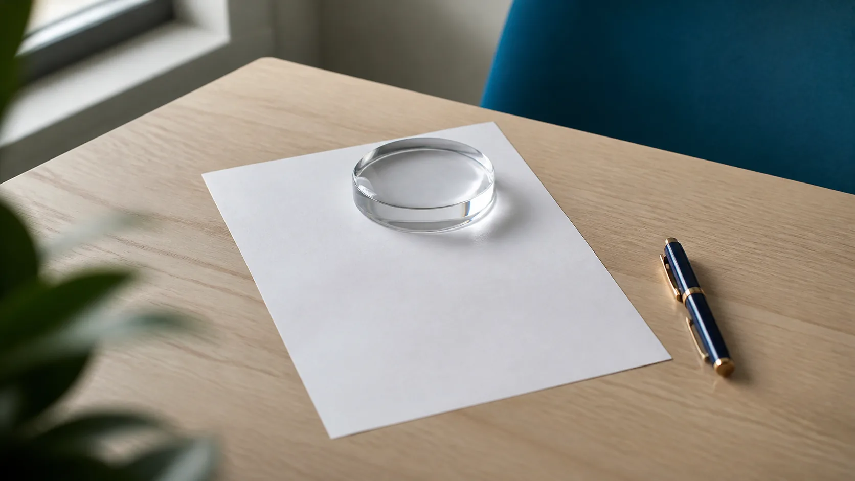 Single sheet of printed contract paper weighted by a plain glass paperweight on a pale oak table