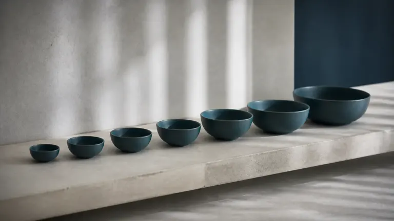 Row of seven identical unlabeled ceramic bowls of graduating size on a long pale concrete shelf