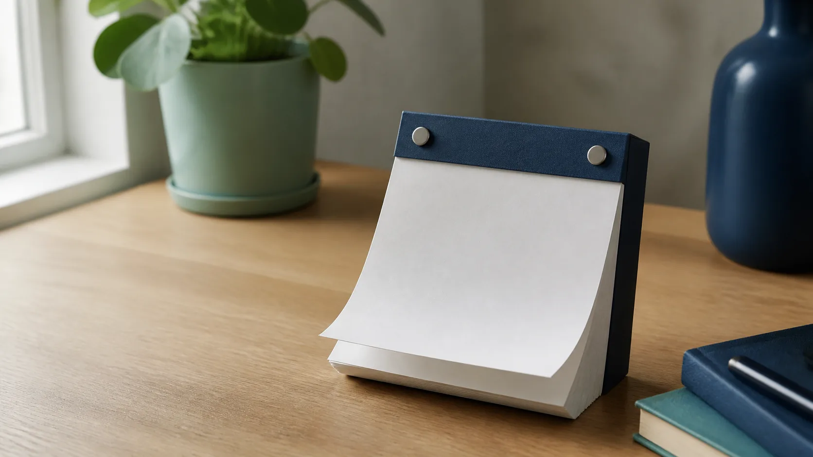 Page-a-day tear-off calendar block down to its last few blank leaves on a bare wooden desk, soft window light