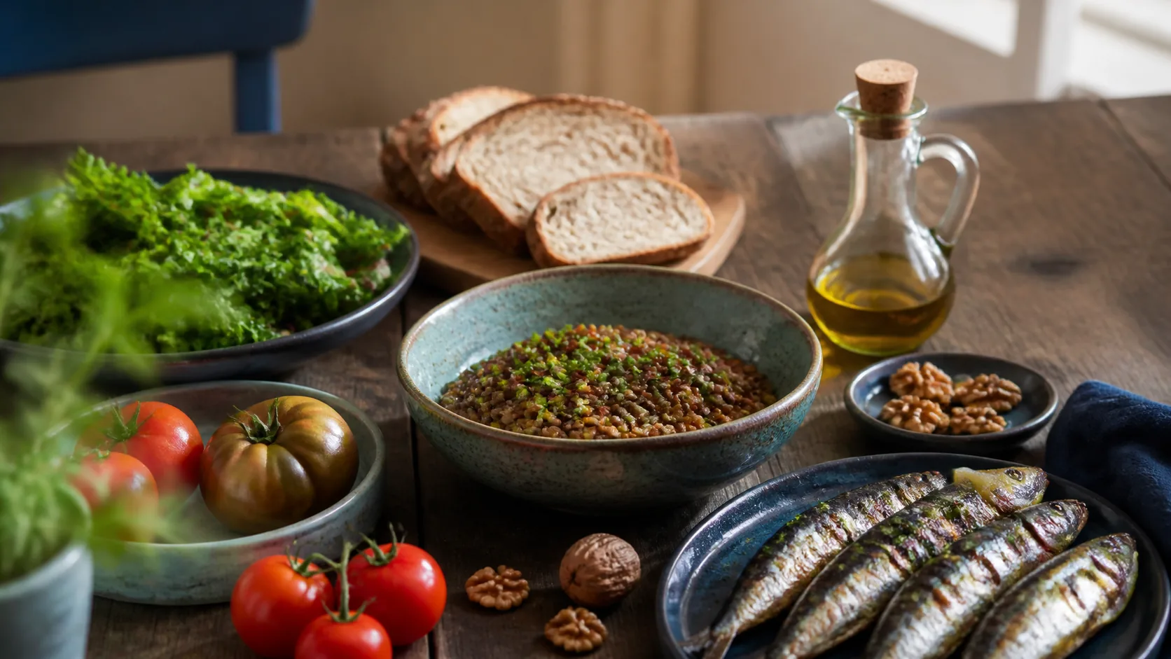 Photoreal overhead editorial still life of a rustic wooden table set with a bowl of lentils, fresh leafy greens, tomatoes