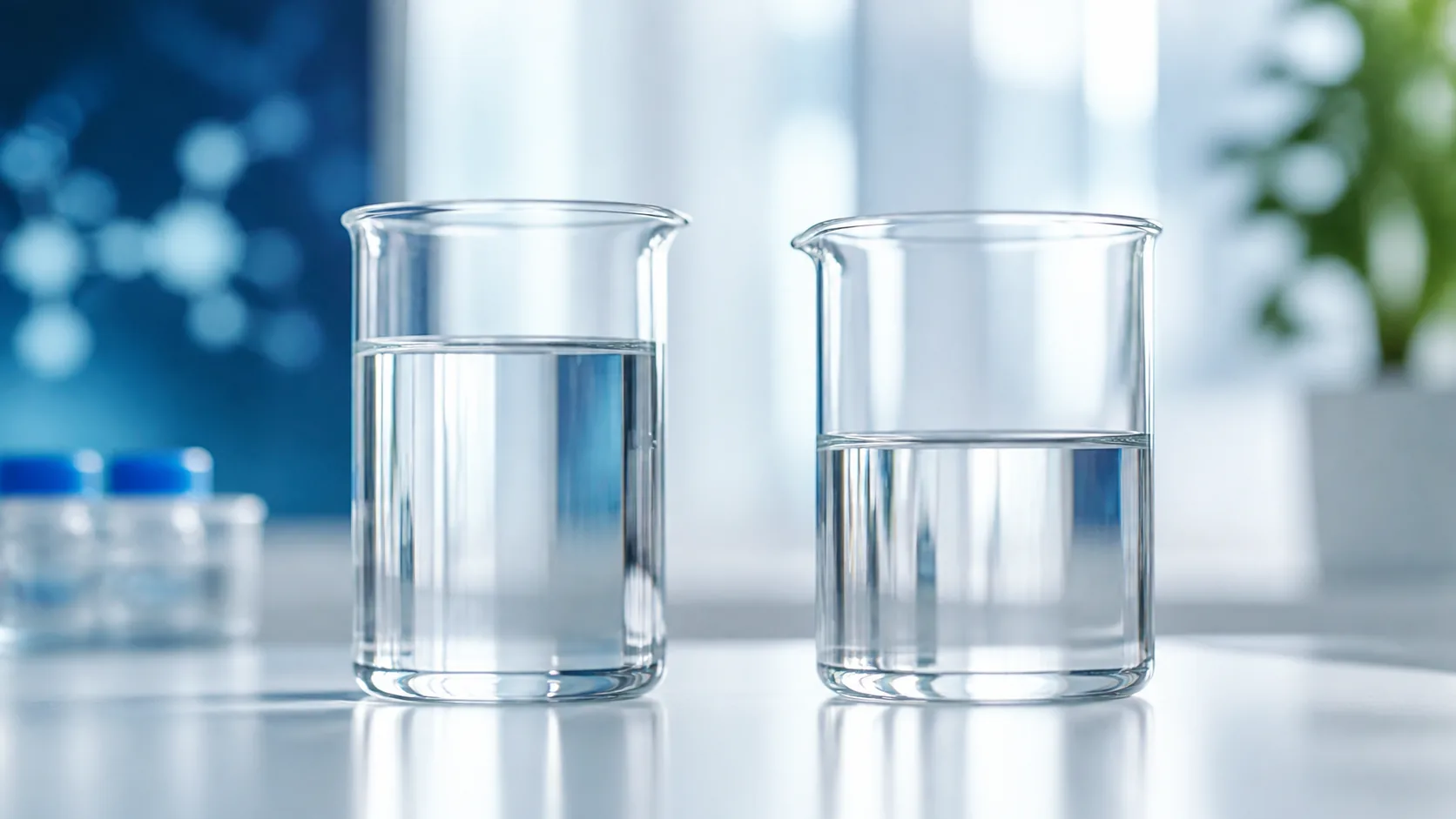 Two glass beakers of clear liquid at slightly different fill levels on a white bench, backlit, cool clinical light
