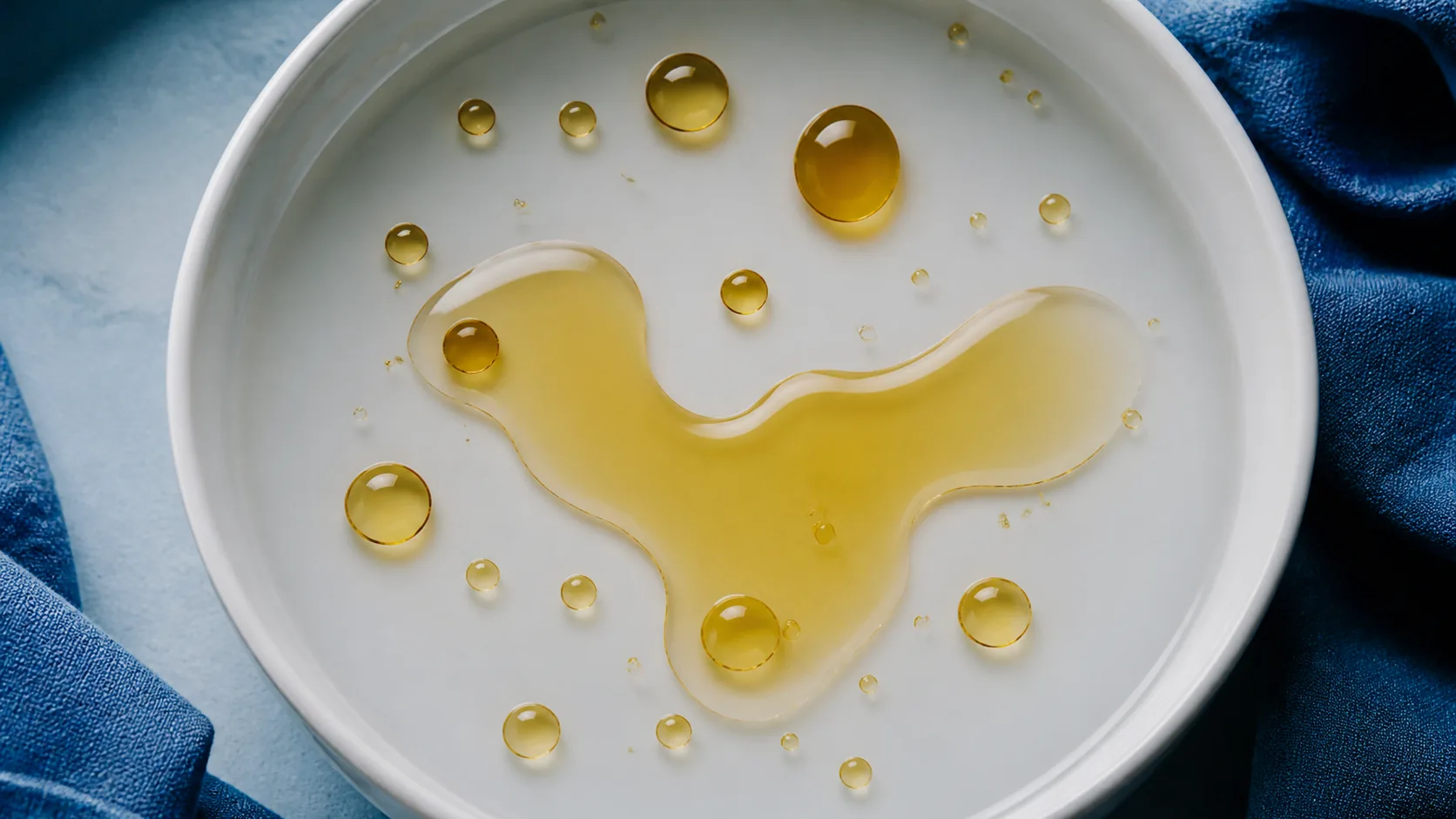 Slick of golden oil floating in a shallow white dish of water, top-down macro, soft light, distinct amber droplets