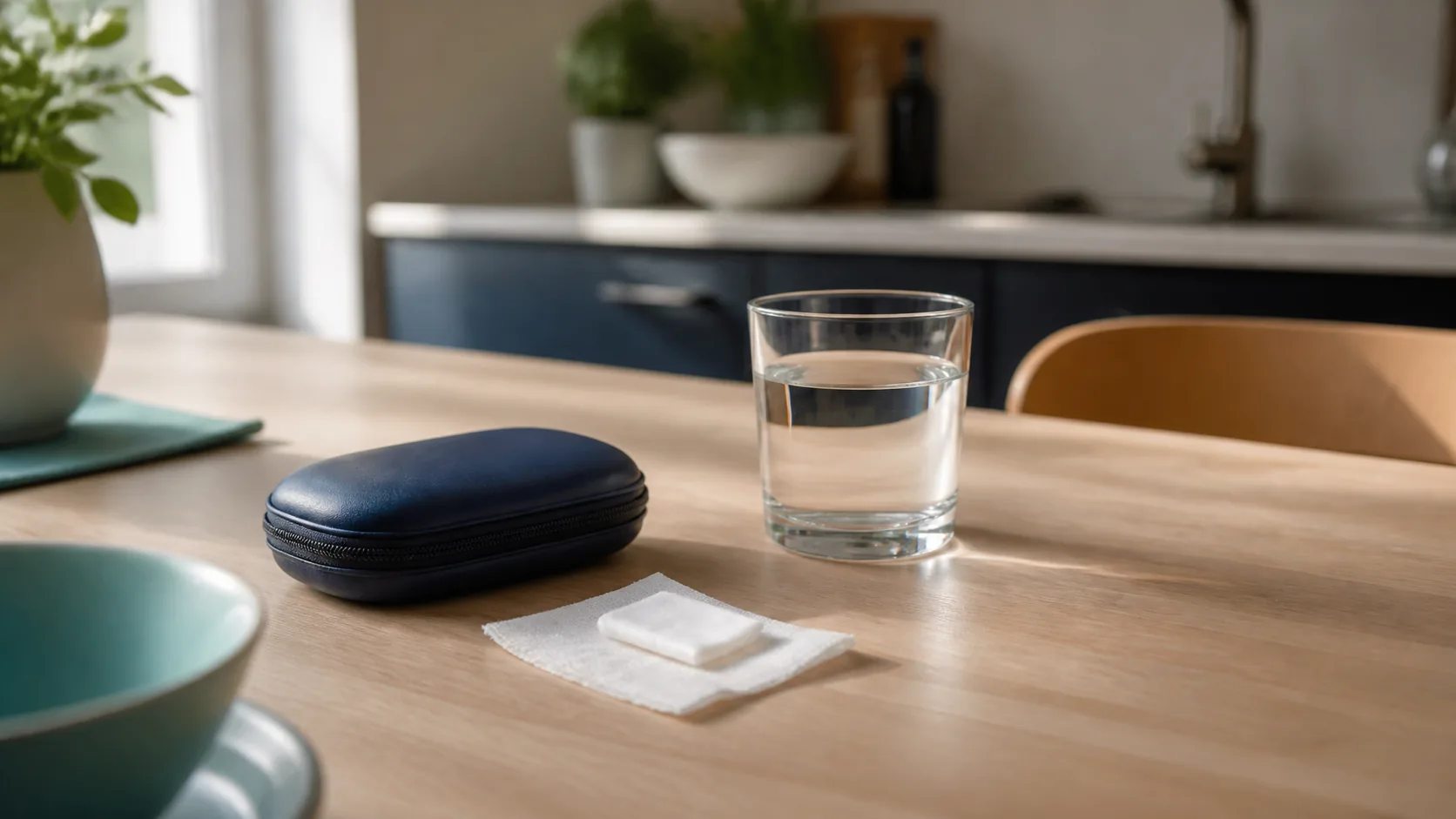 Kitchen table set for a home glucose check: a small meter case closed, a strip of gauze and a glass of water, morning light