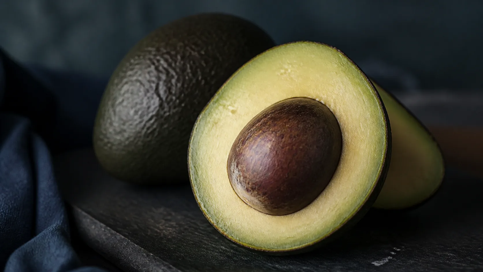 Ripe avocado cut open on a dark board showing the dense stone packed deep in the centre, macro, moody side light
