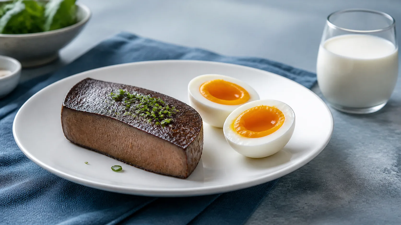 Slice of beef liver and two soft-boiled eggs on a white plate beside a small glass of milk, cool daylight