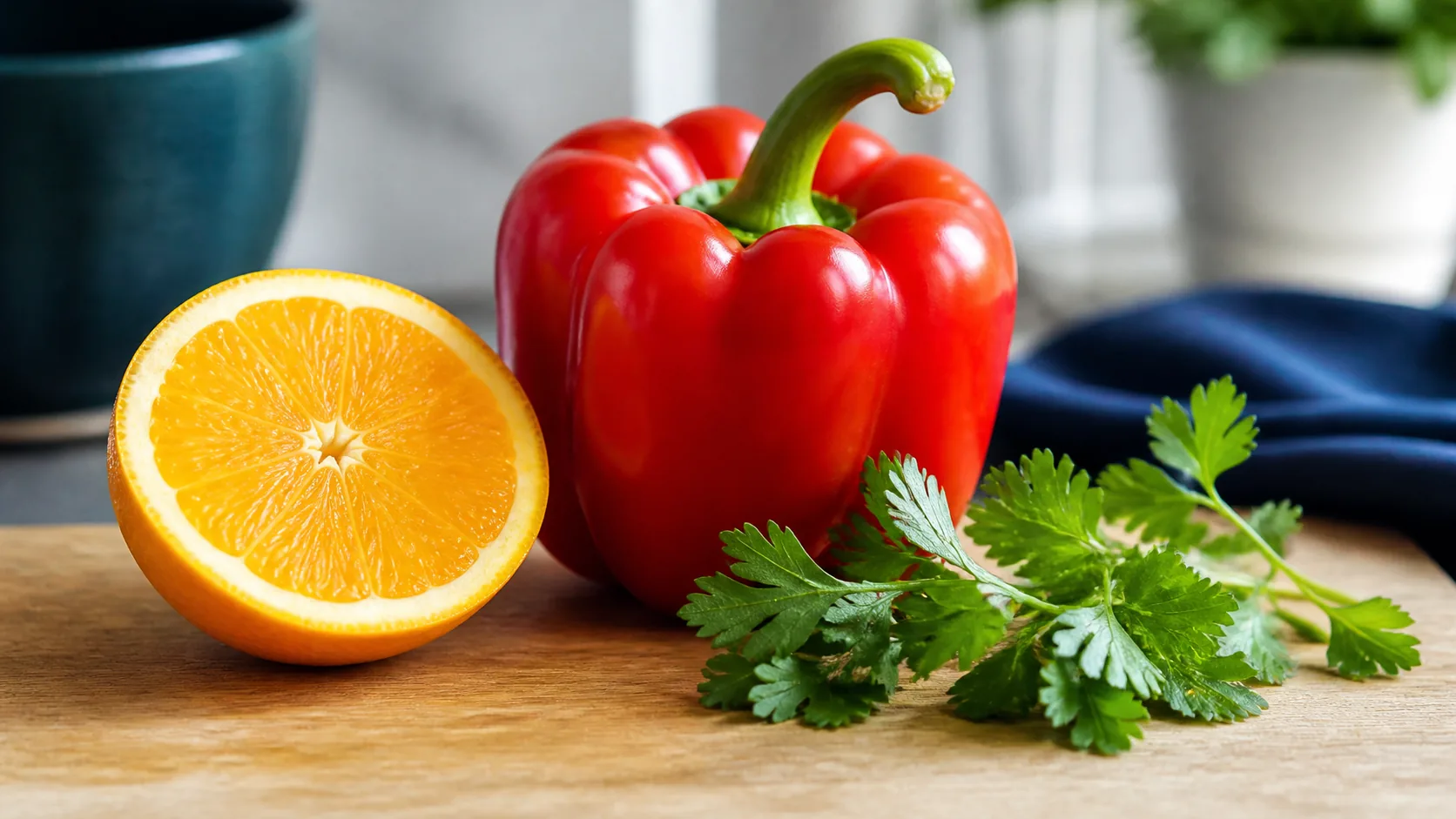 Halved orange, a whole red bell pepper and a sprig of parsley on a scrubbed board, bright fresh daylight, saturated and clean