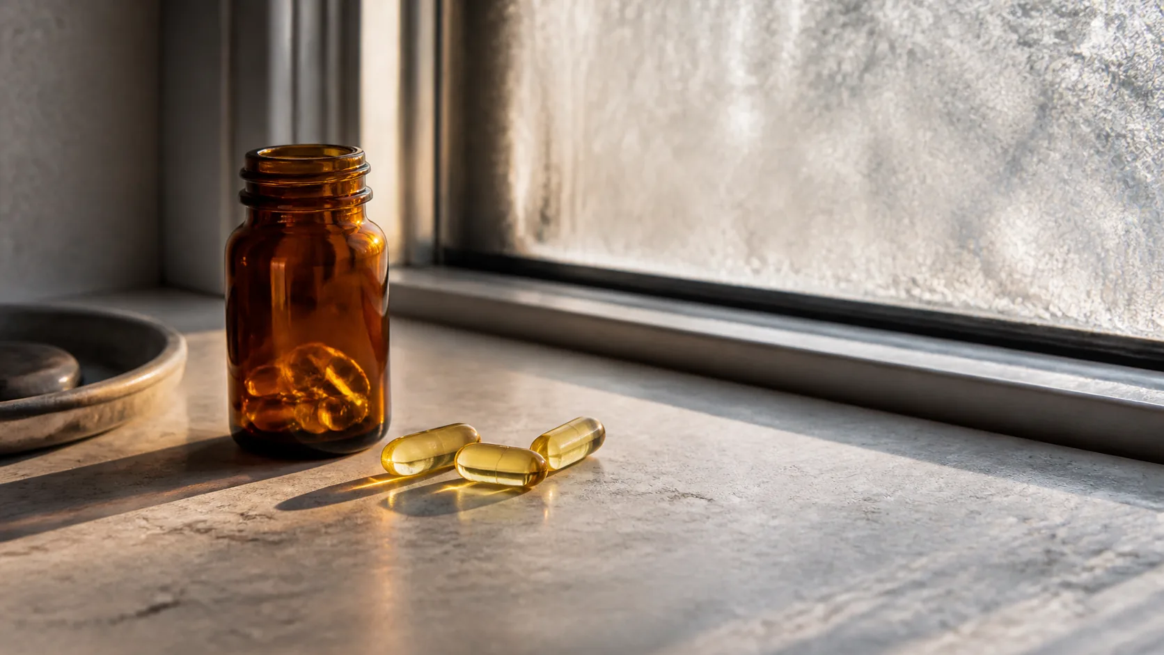 Photoreal editorial still life of a small amber glass bottle with a few golden vitamin D softgel capsules resting on a pal...