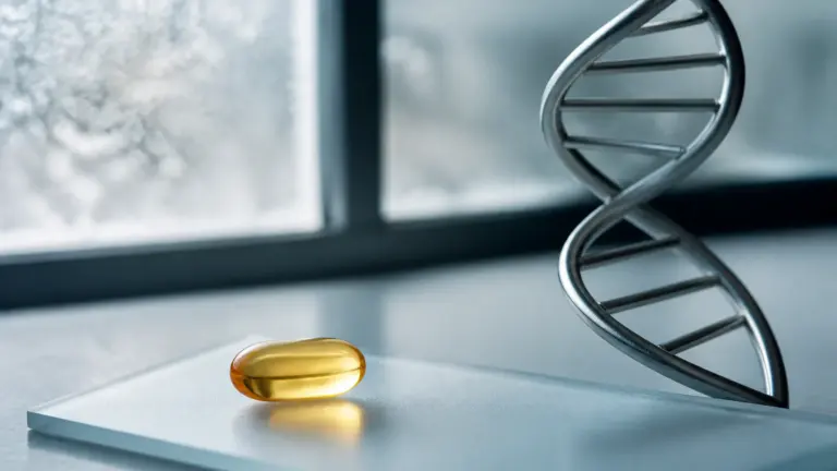 Photoreal editorial close-up of a single amber vitamin D softgel capsule resting on a pale grey laboratory slide next to a...