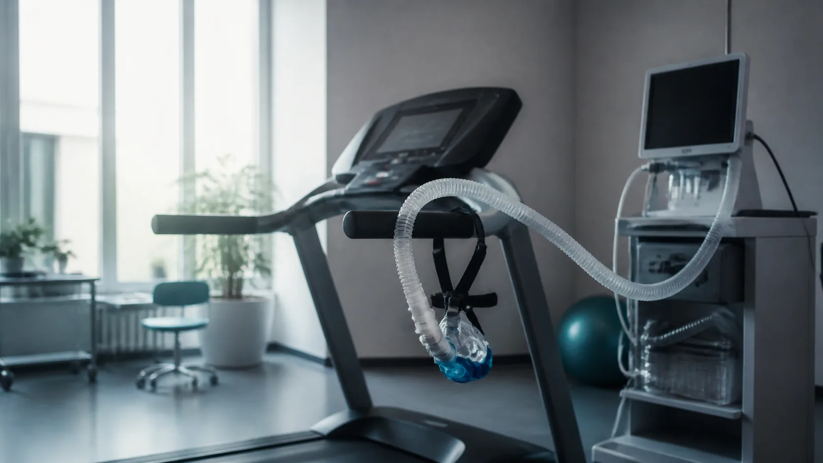 Photoreal editorial hero image of a modern exercise physiology lab