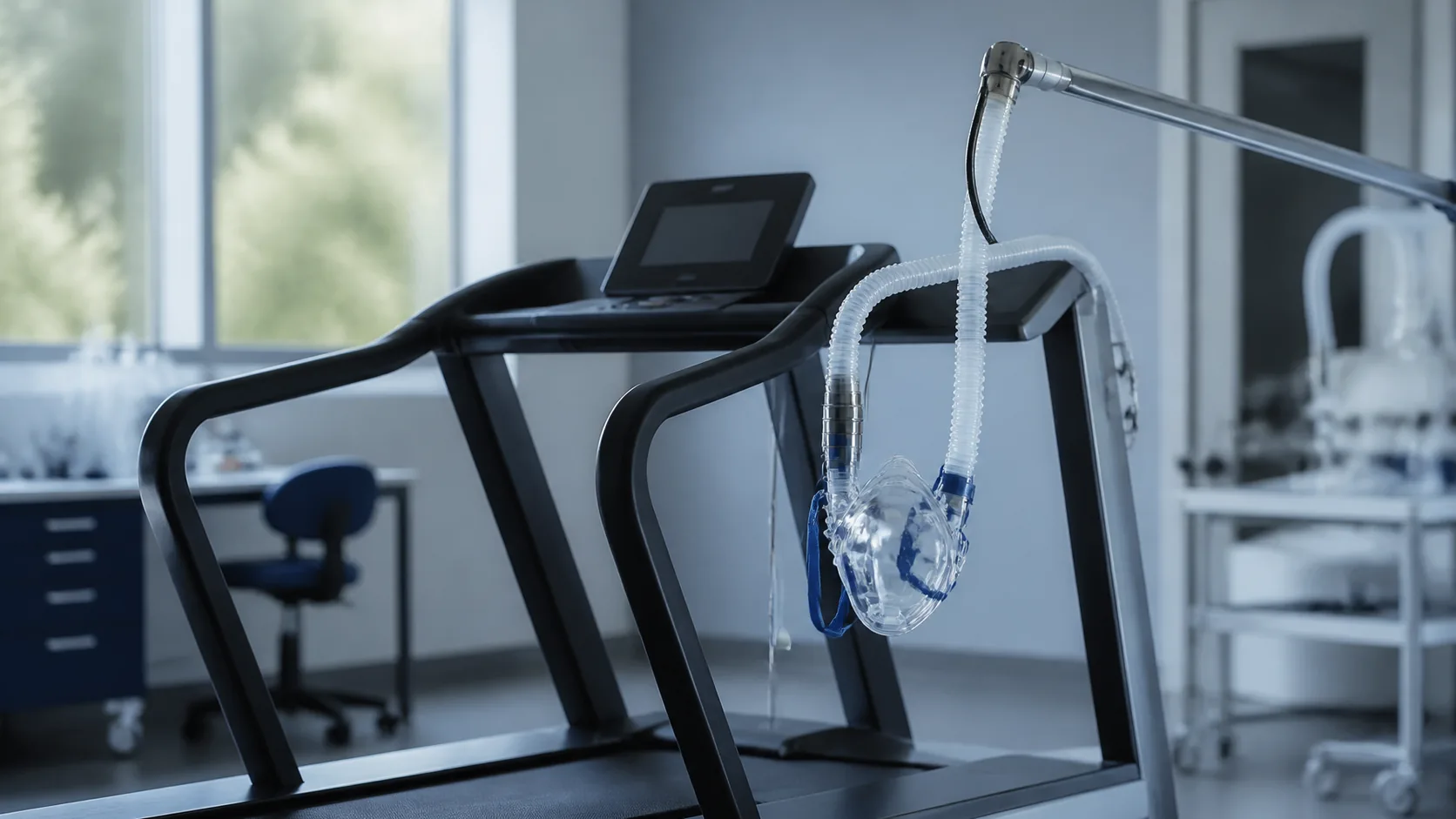 Running treadmill in a physiology laboratory with a breathing mask and hose hanging from its arm, cool grey light