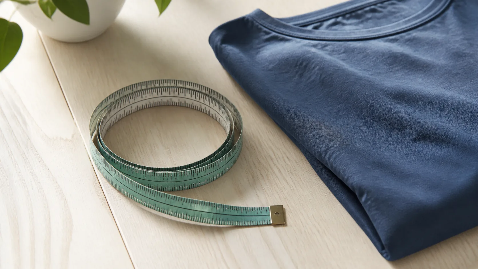 Cloth tape measure laid in a loose circle on a pale wooden table beside a folded shirt, top-down, soft morning light