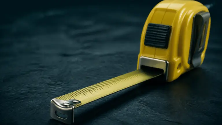 Yellow retractable steel tape measure partly extended across a dark slate surface, the numbers catching a single raking light