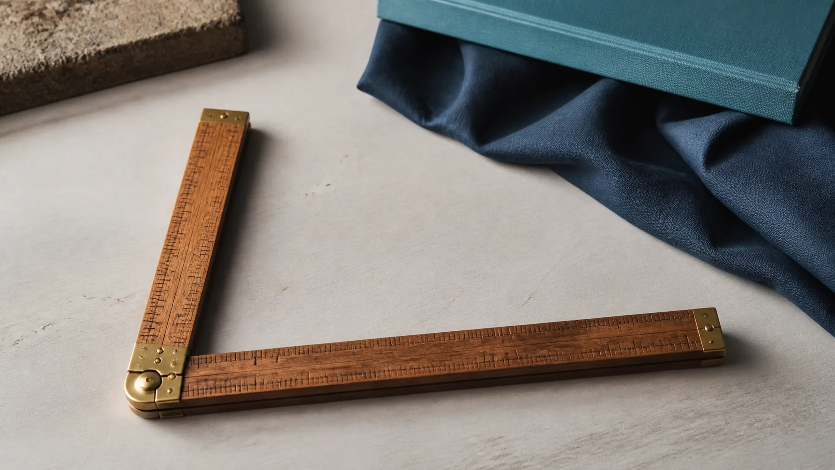 Wooden folding carpenter's rule opened at a right angle on a pale workbench, brass hinges, top-down, clean directional light