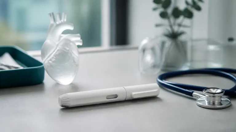 Photoreal editorial still life of a plain unbranded white injection pen resting on a pale grey clinical benchtop beside a ...