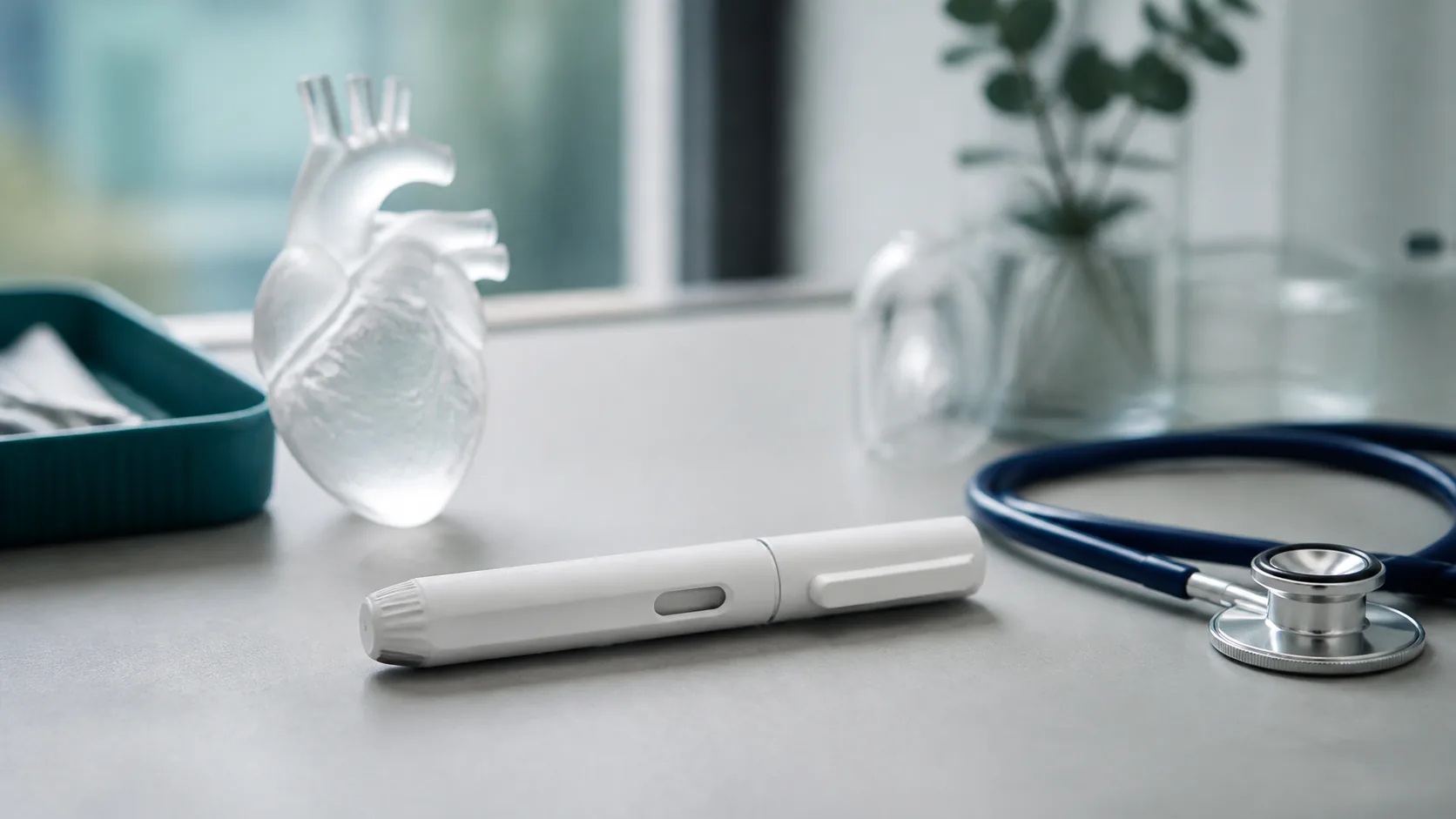 Photoreal editorial still life of a plain unbranded white injection pen resting on a pale grey clinical benchtop beside a ...