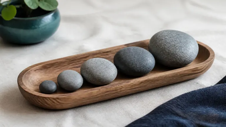 Shallow wooden tray of smooth grey river stones arranged in a graded row from small to large on a pale linen cloth