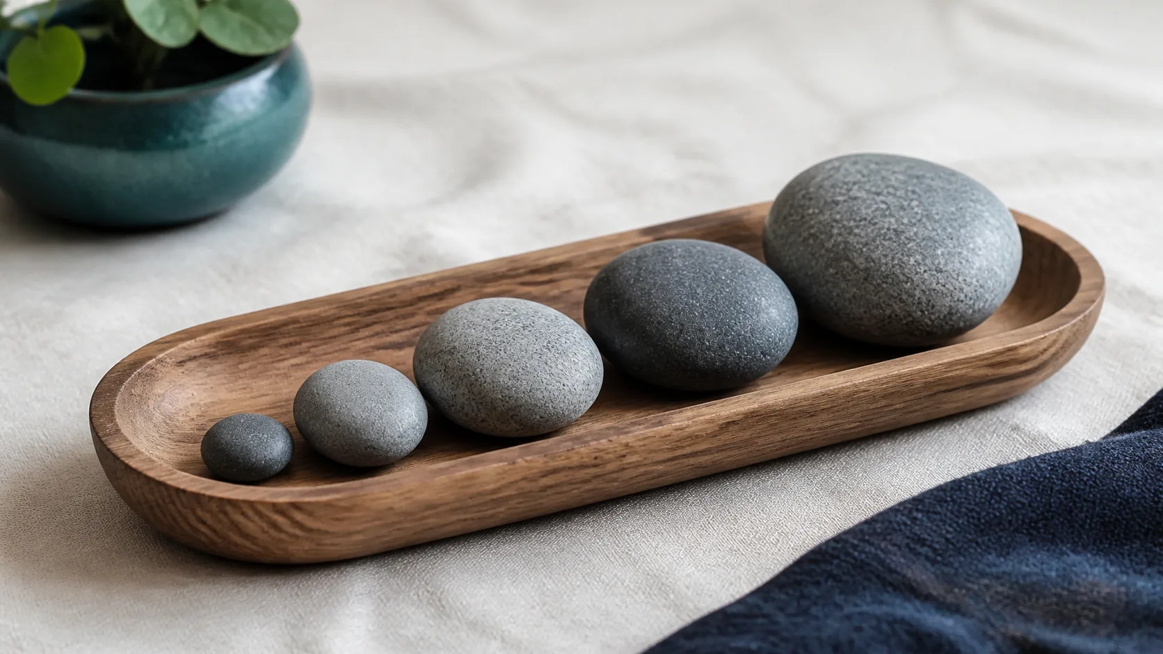 Shallow wooden tray of smooth grey river stones arranged in a graded row from small to large on a pale linen cloth