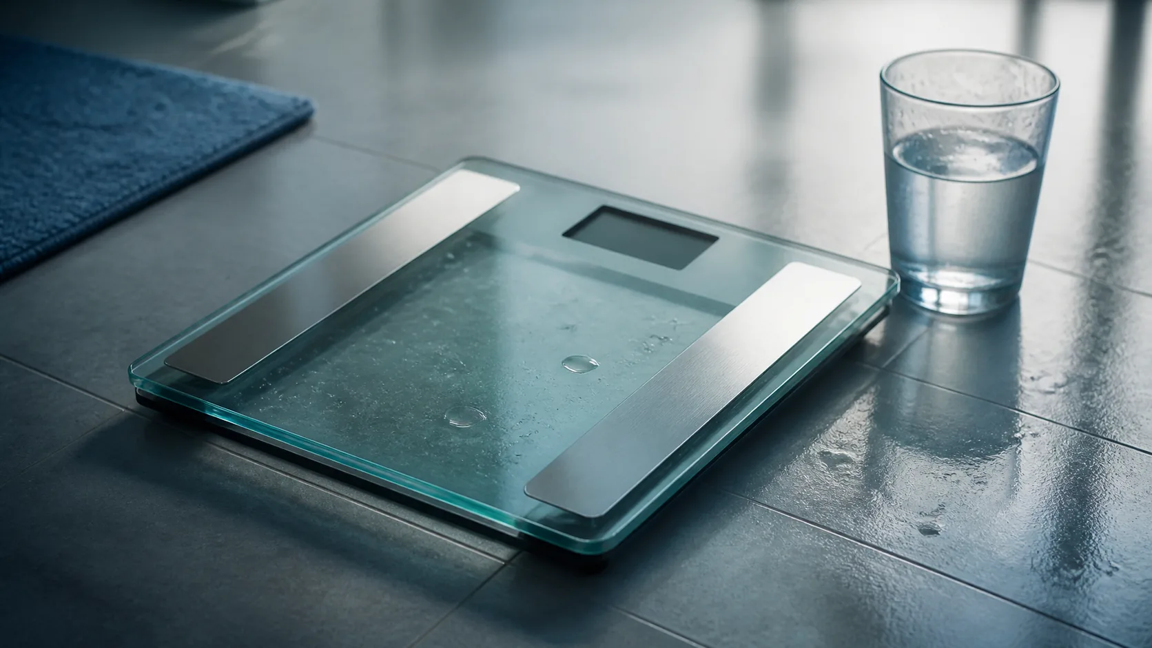 Sleek glass bathroom scale with metal contact strips resting on wet tiles beside a half-full water glass