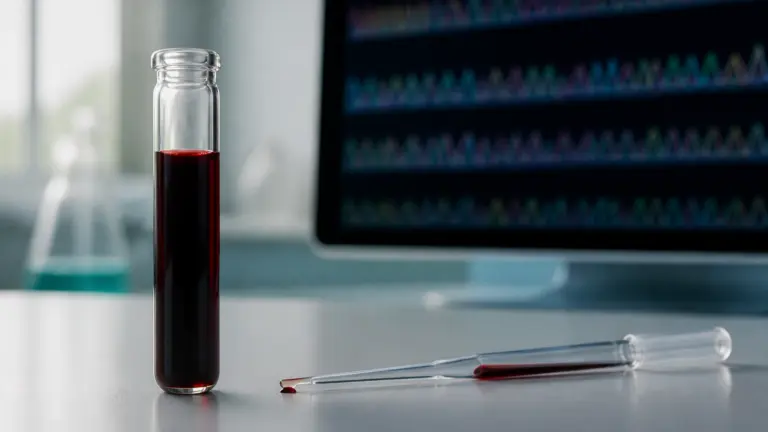 Photoreal editorial still life on a pale grey laboratory bench: a single labeled-free glass blood vial and a fine pipette ...
