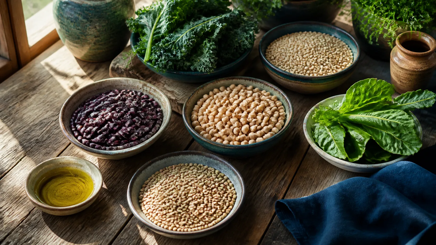 Rustic wooden table in soft morning light holding earthenware bowls of dried beans, lentils and chickpeas beside leafy greens