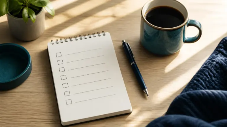 Simple checklist written by hand on a plain notepad beside a pen and a cup of black coffee on a light wooden desk