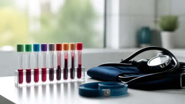 Photoreal editorial still life on a pale clinical countertop: a neat row of capped blood collection tubes with colored sto...