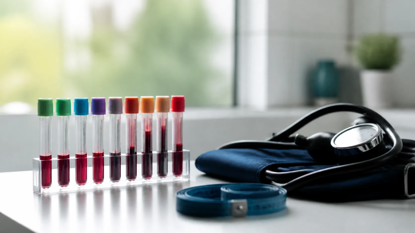 Photoreal editorial still life on a pale clinical countertop: a neat row of capped blood collection tubes with colored sto...