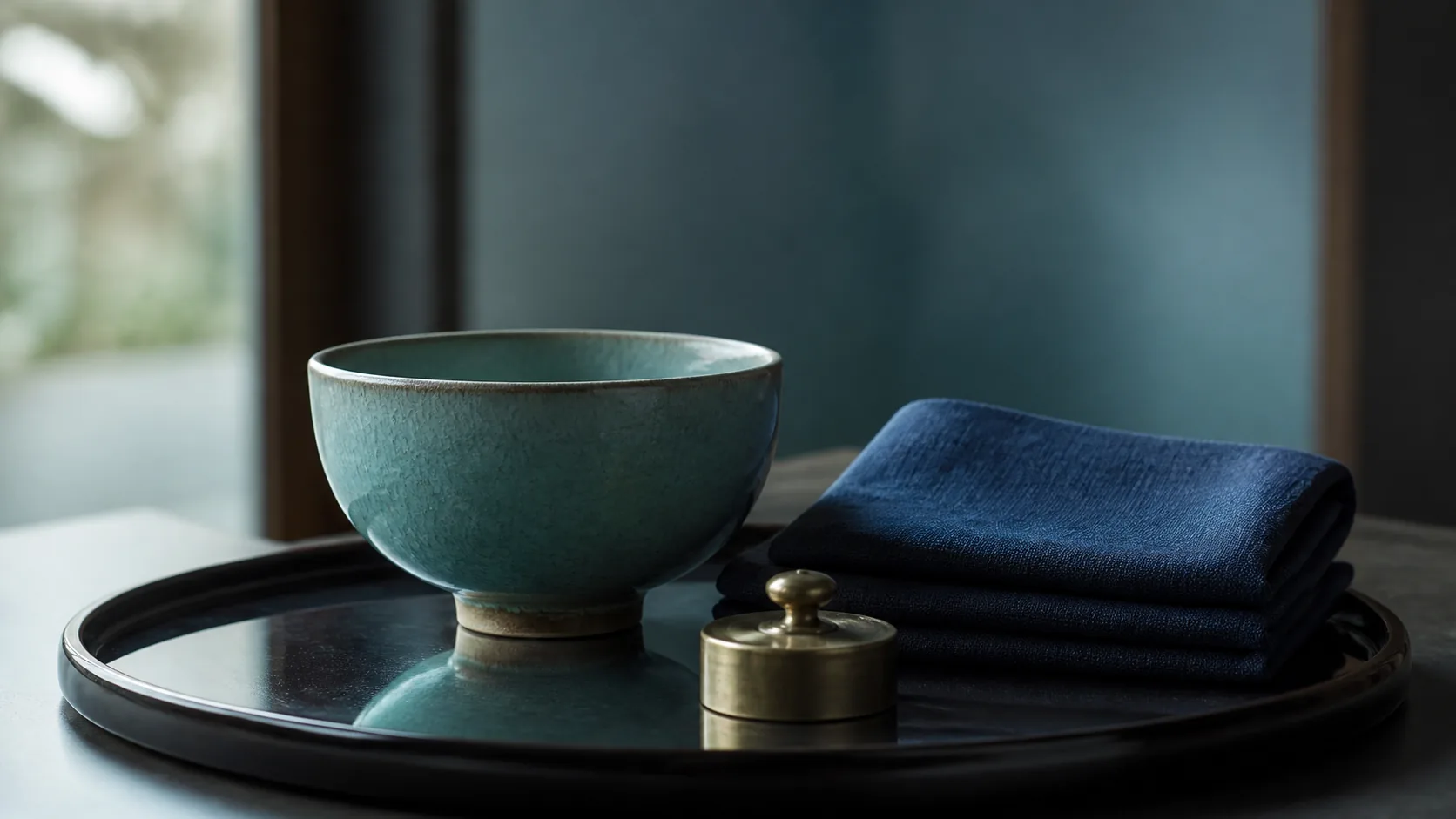 Simple ceramic tea bowl and a folded cloth on a dark lacquered tray beside a small brass weight, single soft window light