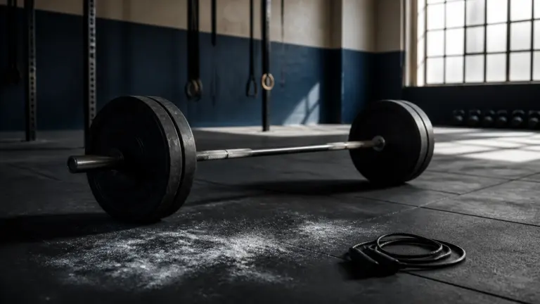 Loaded olympic barbell resting on the floor of an empty training hall beside chalk dust and a coiled skipping rope
