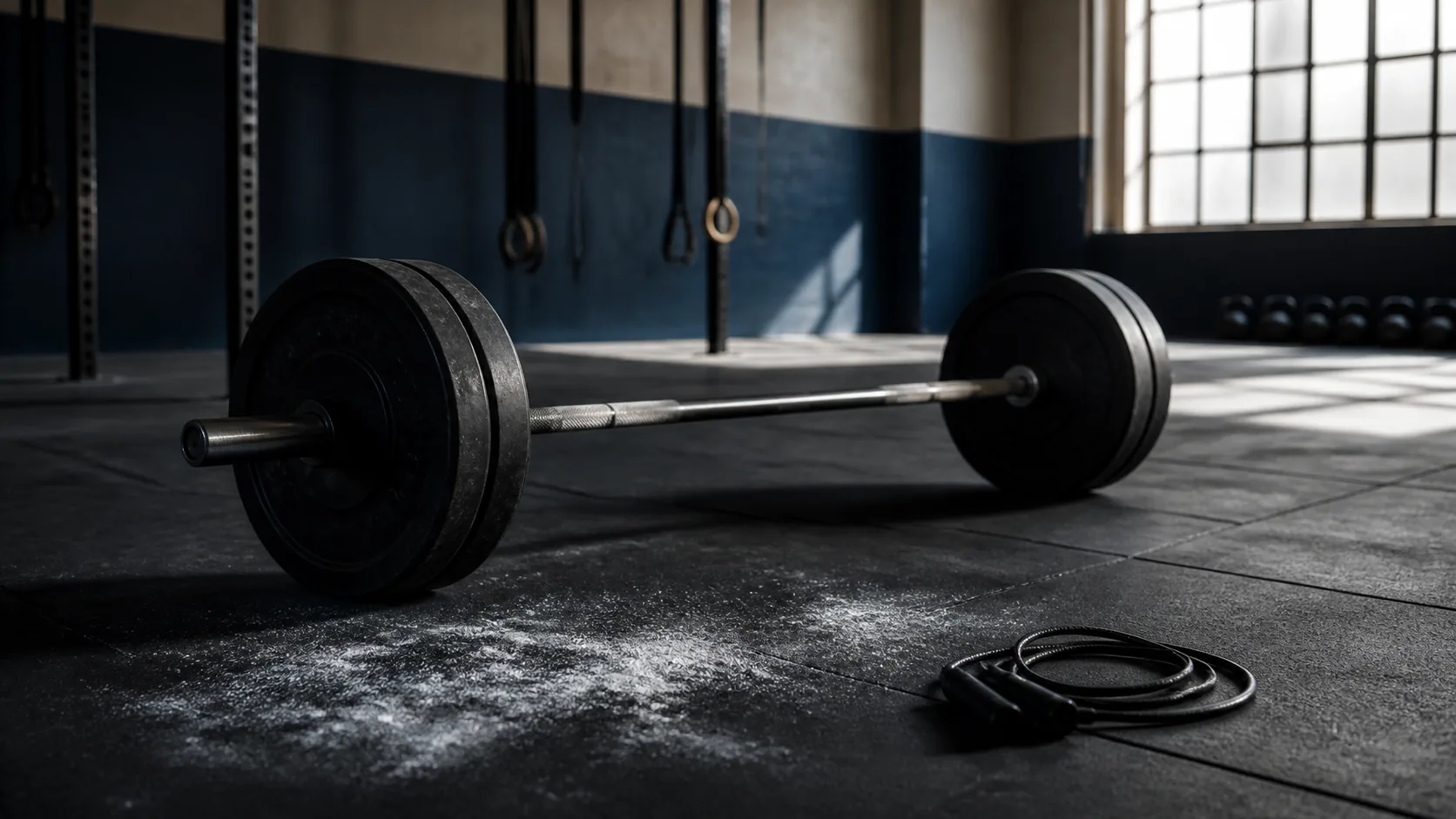 Loaded olympic barbell resting on the floor of an empty training hall beside chalk dust and a coiled skipping rope