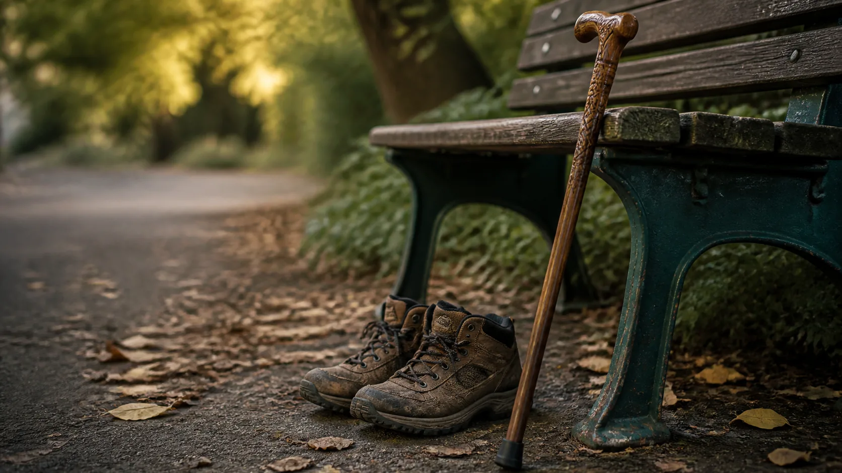 Older pair of well-worn walking shoes beside a carved wooden cane resting against a garden bench in soft late-afternoon light